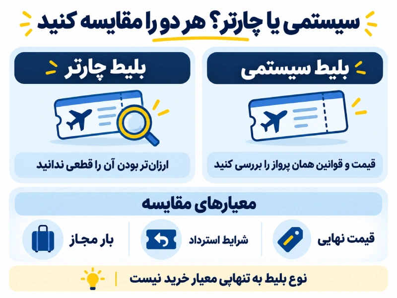 تصویری از تفاوت بلیط سیستمی یا چارتری